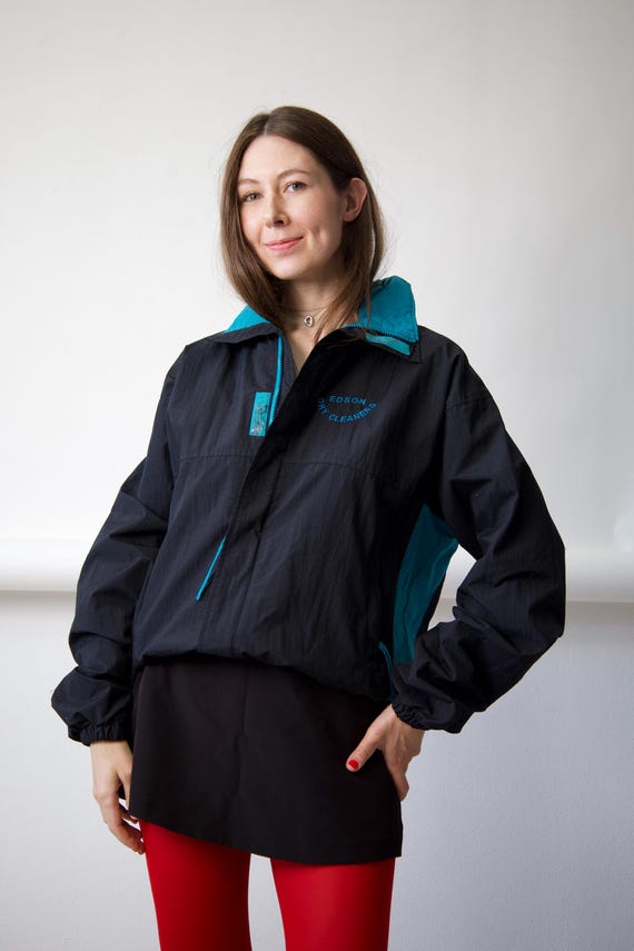 90s Black Teal Nylon Jacket Slo-pitch Tournament Size L