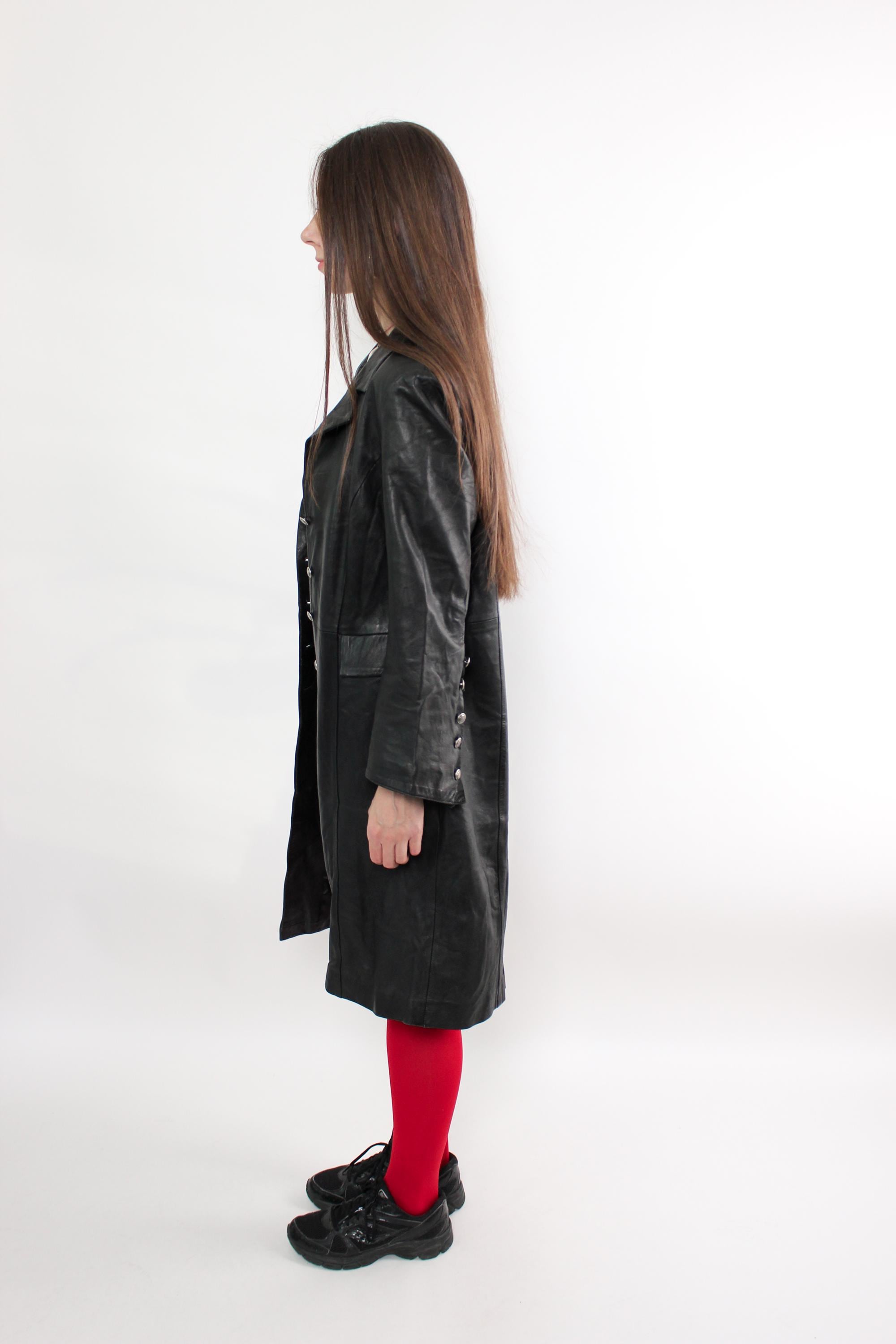 Vintage 90s Black Leather Longline Coat, Minimalist Trench Jacket