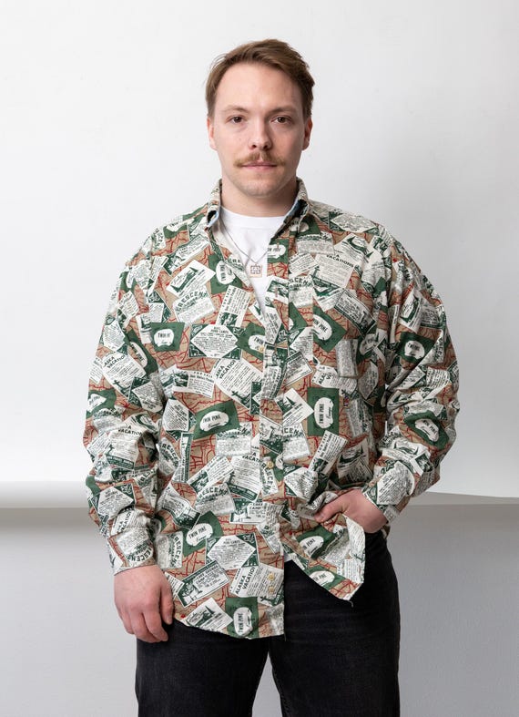 90s Tommy Hilfiger Novelty Print Shirt Vintage Camp Map Cotton Button Up Size M