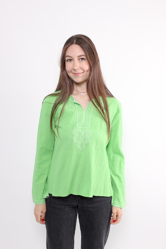 90s embroidered boho blouse vintage v-neck cotton top with long sleeves, Size L