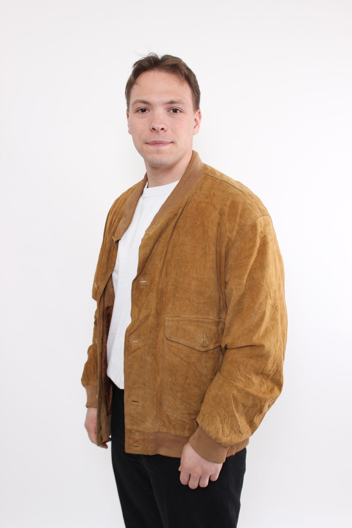 Vintage 80s Suede Leather Bomber Jacket L Brown Aviator Jacket Retro, foto 3 di 5