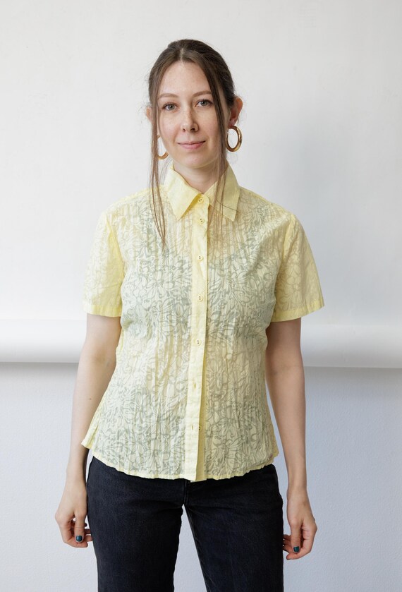 90s Sheer Floral Yellow Cotton Vintage Short Sleeve Blouse Size M