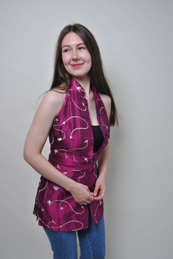 Vintage Asian Floral Blouse: 90s Frog Closure Top, Size S