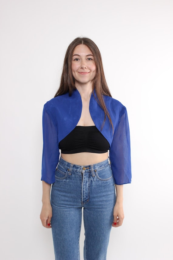 Cobalt Blue Sheer Bolero, Open Front Cropped Top Y2K, Size M