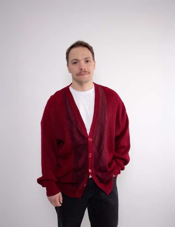 Vintage 90s Wool Knit Cardigan Retro Mens Buttons Sweater, Size L