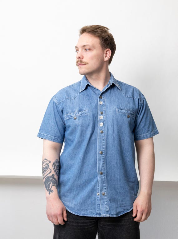 90s Edelweiss Embroidered Denim Shirt Vintage Bavarian  Western Button Up