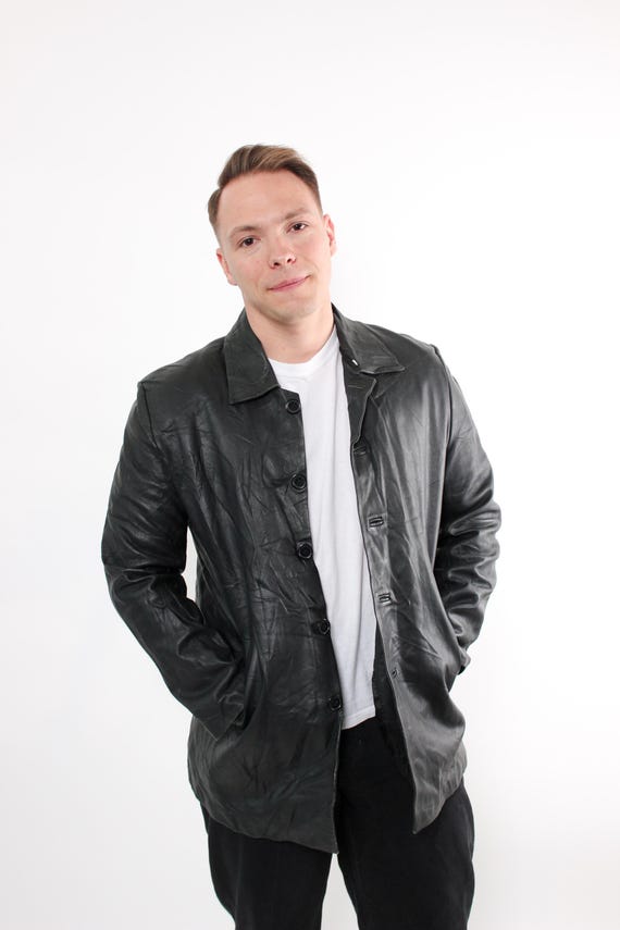 Vintage 90s Black Leather Jacket – Longline Button-Up Coat – Retro Minimalist Outerwear, Size L