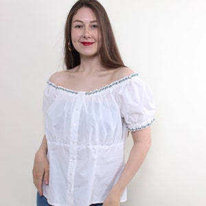 Vintage 90s off shoulder blouse, white puff sleeve blouse, cottagecore blouse, Size L