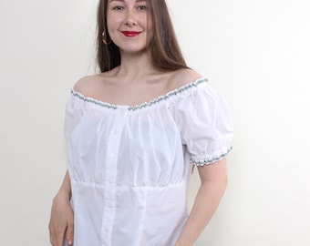 Vintage 90s Off Shoulder Blouse, White Puff Sleeve, Cottagecore Style, Size L