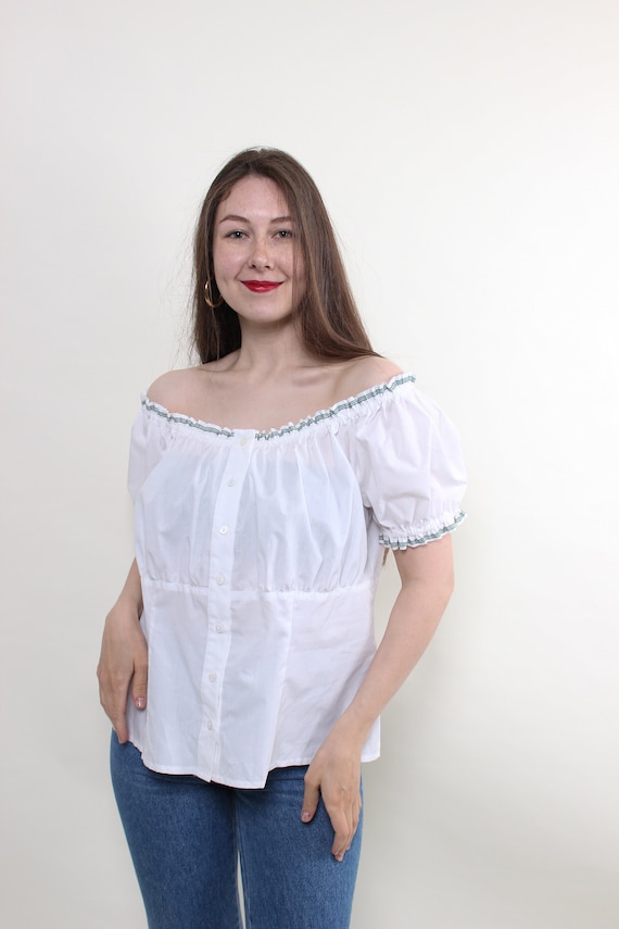 Vintage 90s Off Shoulder Blouse, White Puff Sleeve, Cottagecore Style, Size L