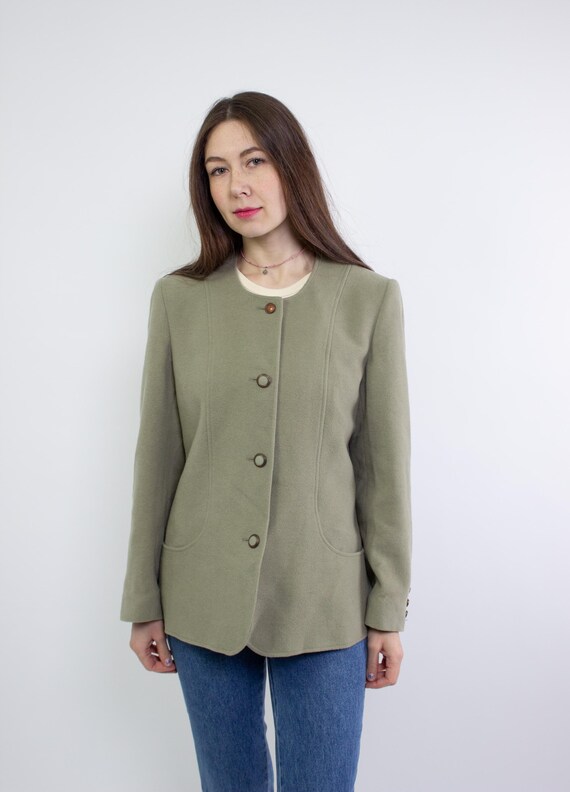 Vintage 90s Sage Green Wool Cashmere Blazer Size M, Collarless Jacket Quiet Luxury, Minimalist Green Wool Jacket Women