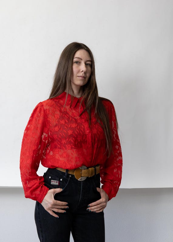 Red Floral Burnout Blouse Sheer Textured Long Sleeve Button Up Jacquard Shirt Size L
