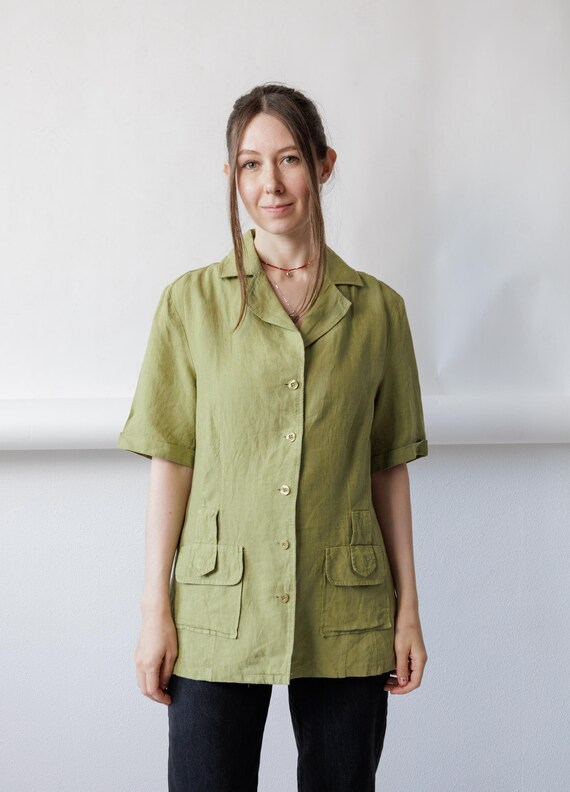 90s sage green safari shirt flap pockets linen feel longline tunic blouse, size Medium