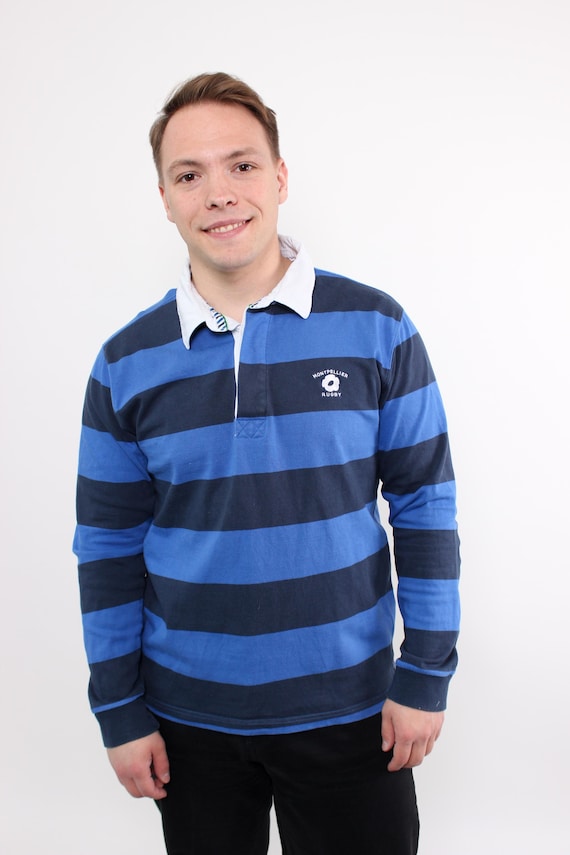 Vintage Rugby Shirt, Montpellier Rugby Striped Polo, 90s Long Sleeve Blokecore Top, Size XL