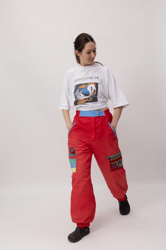 80s Red Geometric Patch Vintage Ski Pants Colorblock Stripe Italian Snow Trousers Size M