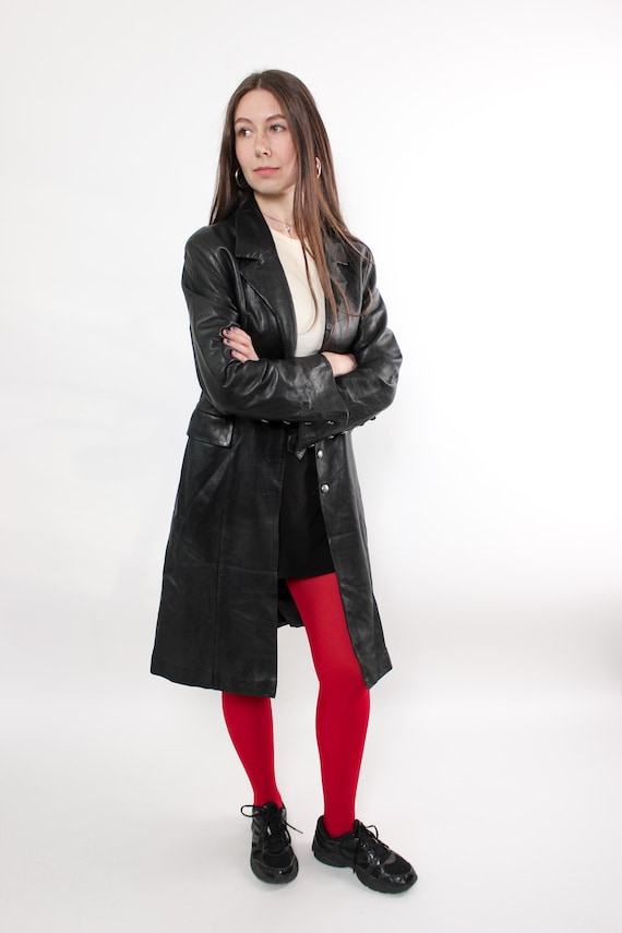 Vintage 90s Black Leather Longline Coat, Minimalist Trench Jacket with Button Front, Size M