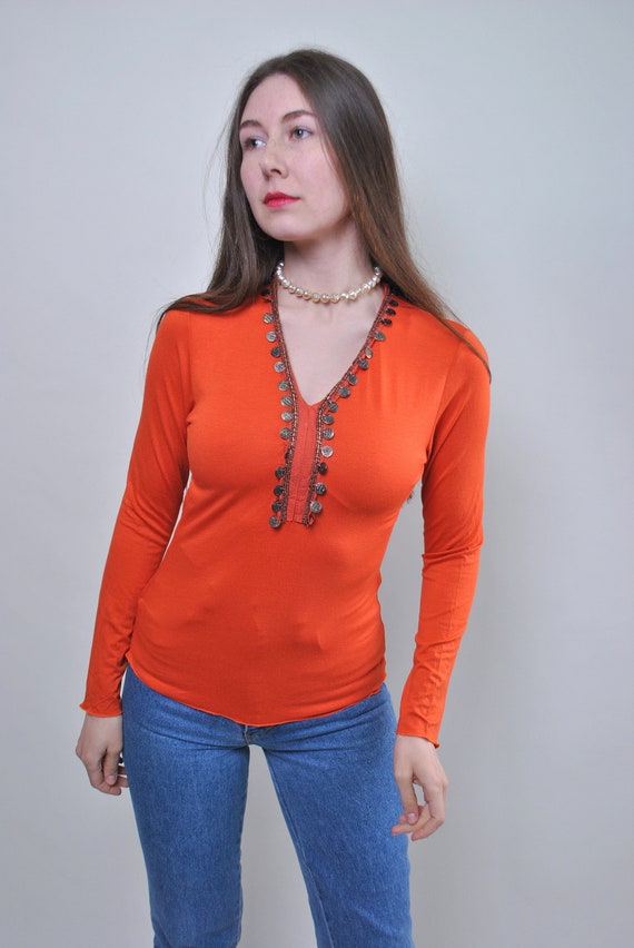 Vintage 90s ethnic blouse, stretch pullover blous… - image 4