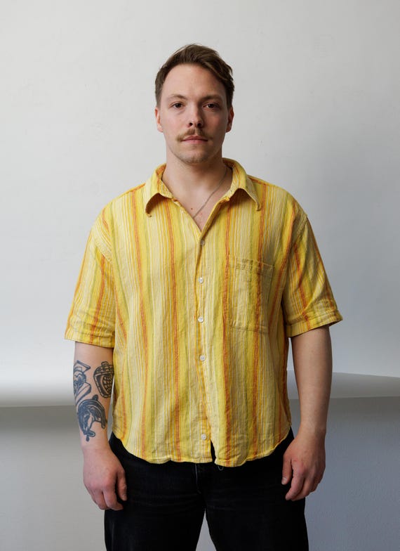 Sunshine Yellow Stripe Shirt Mens 90s Boxy Gauze Cotton Vintage Short Sleeve Size L