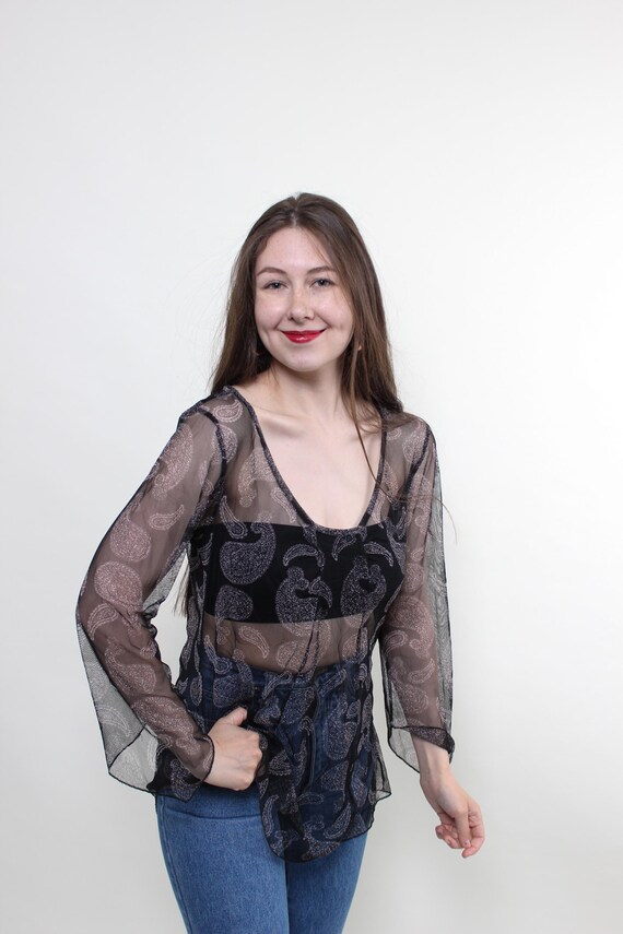 Y2K Paisley sheer Blouse Vintage 2000s Mesh V-Neck Boho Top Tunic Size M