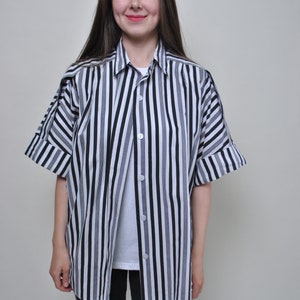 Vintage Striped Oversized Cotton Blouse - 90s Minimalist Button-Up, Size L