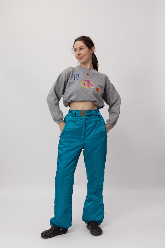 80s Nevica Teal Shiny Vintage Ski Pants High Waist Belted Snow Trousers Size L