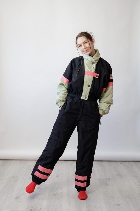 90s Black Sage Coral Colorblock Vintage Ski Suit Snowboarder Embroidery Snowsuit Size M