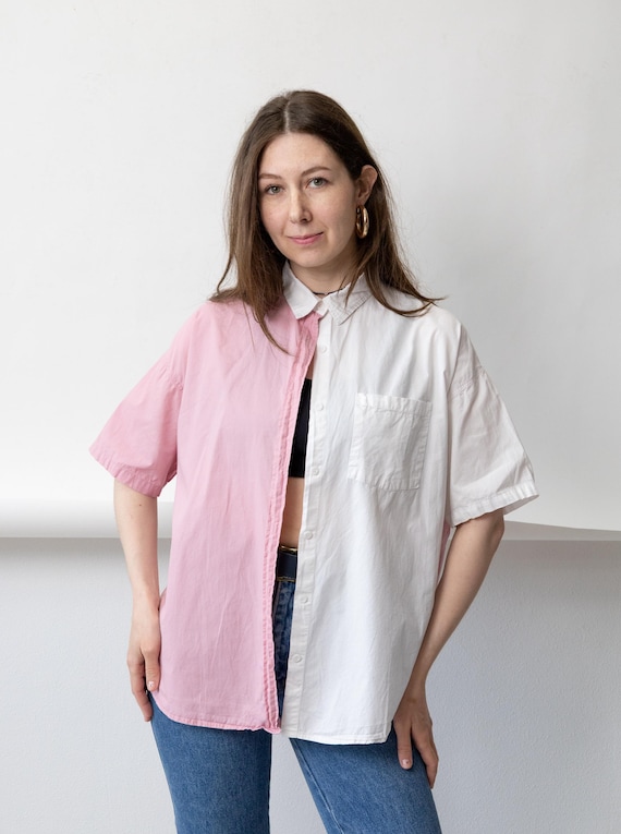Y2K Half Pink White Split Blouse Vintage Colorblock Oversized Short Sleeve Shirt M