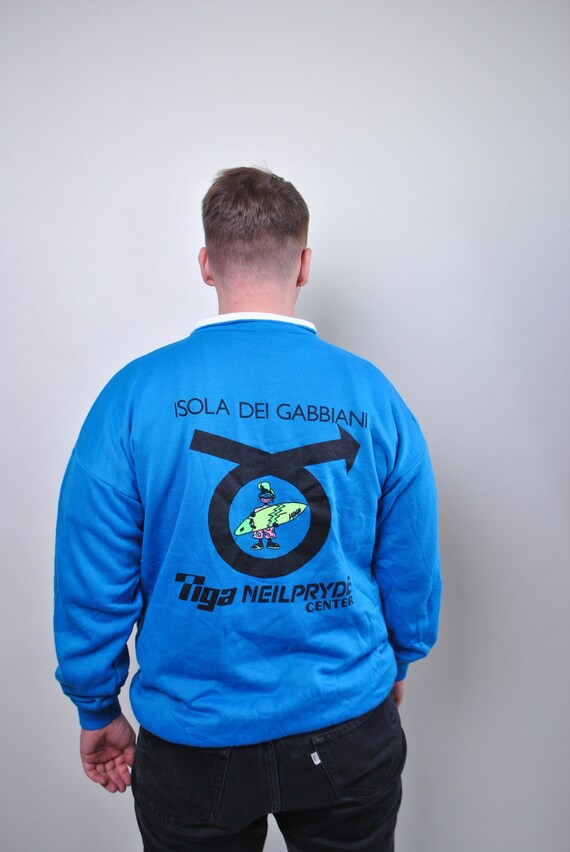 90s surf school sweatshirt, vintage funky print collared sweatshirt in blue, Size XL