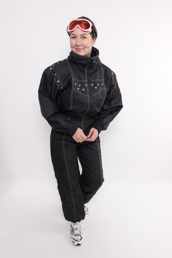 Black one piece ski suit, vintage 90s snowsuit, retro winter jumpsuit, Size M