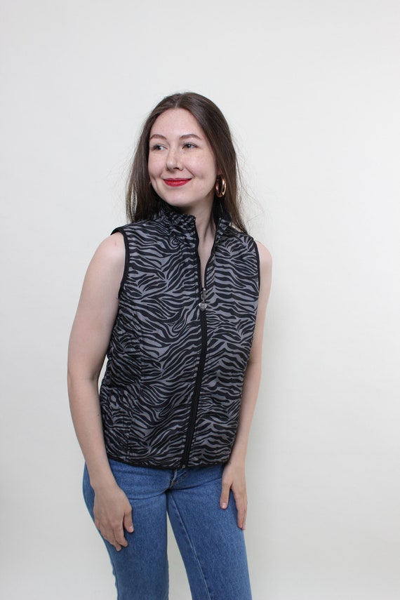 90s zebra print zip up vest, vintage ultra light jacket, Size M