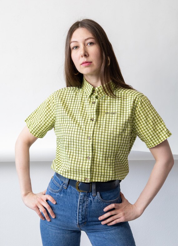 Green Check Short Sleeve Shirt Vintage Y2K Gorpcore Hiking Top Size L