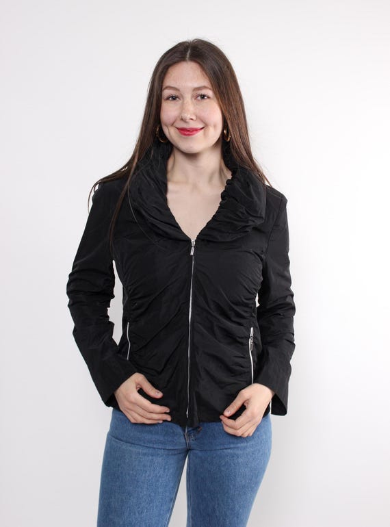 Vintage 90s Black Ruched Jacket, Ruffle Collar Zip Crop Blazer, Y2K Polyester