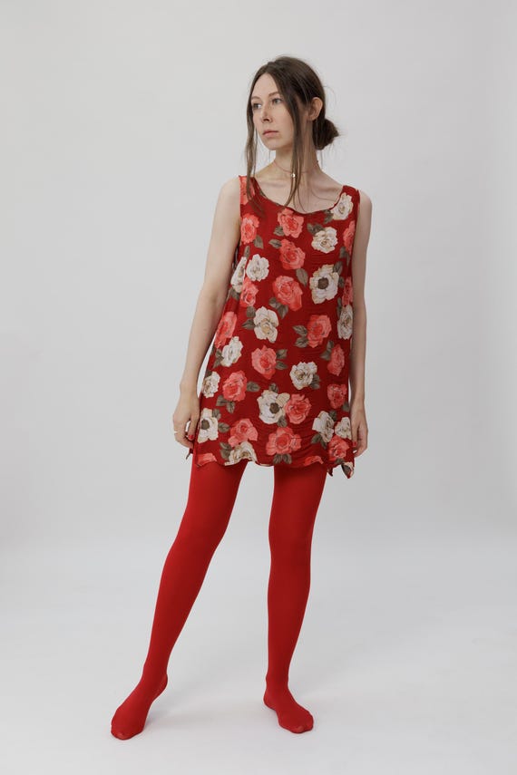 Vintage Red Floral Print Crinkle Chiffon Mini Dress Sleeveless