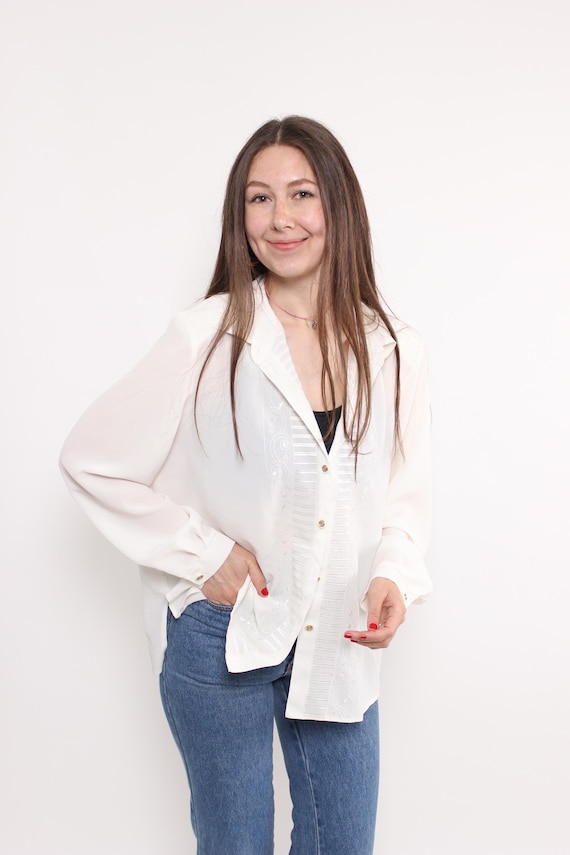 80s floral embroidery blouse, vintage embroidered formal blouse in beige, Size L