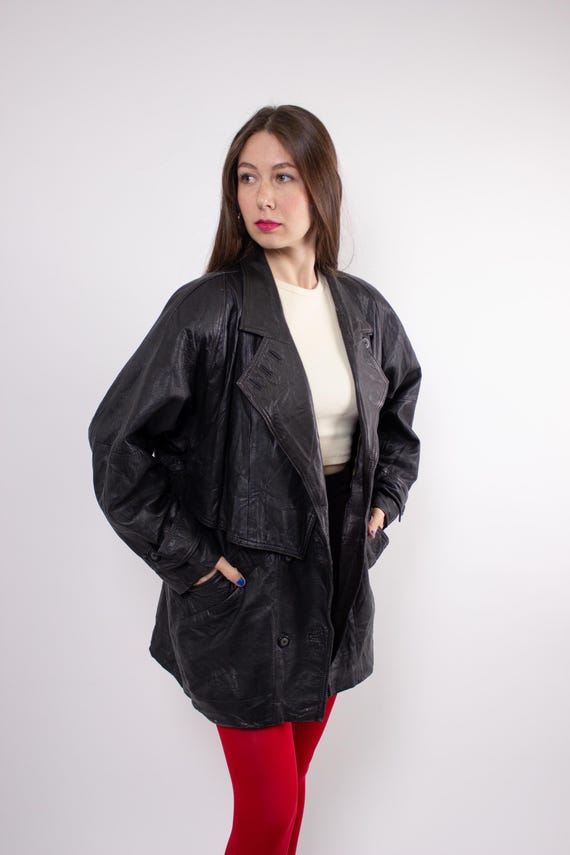 80s black leather jacket Vintage oversized double-breasted trench coat Size L