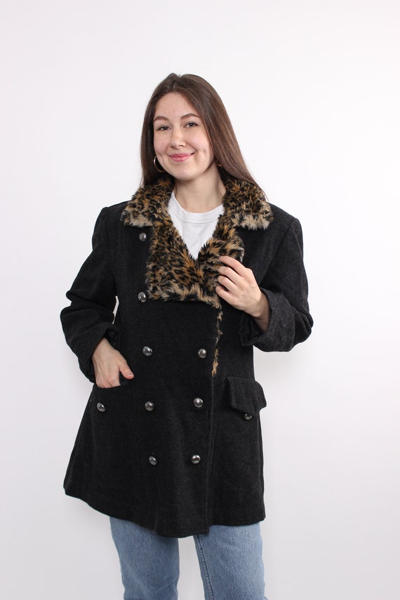 90s double breasted coat, vintage leopard print collar overcoat, Size M