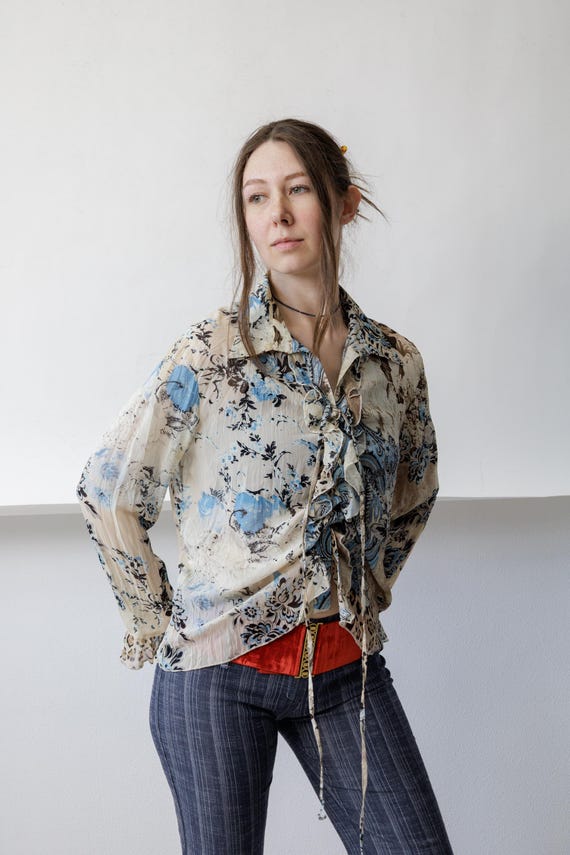 Y2k Sheer Crinkle Chiffon Ruffle Blouse Blue Beige Floral Paisley Boho Size M