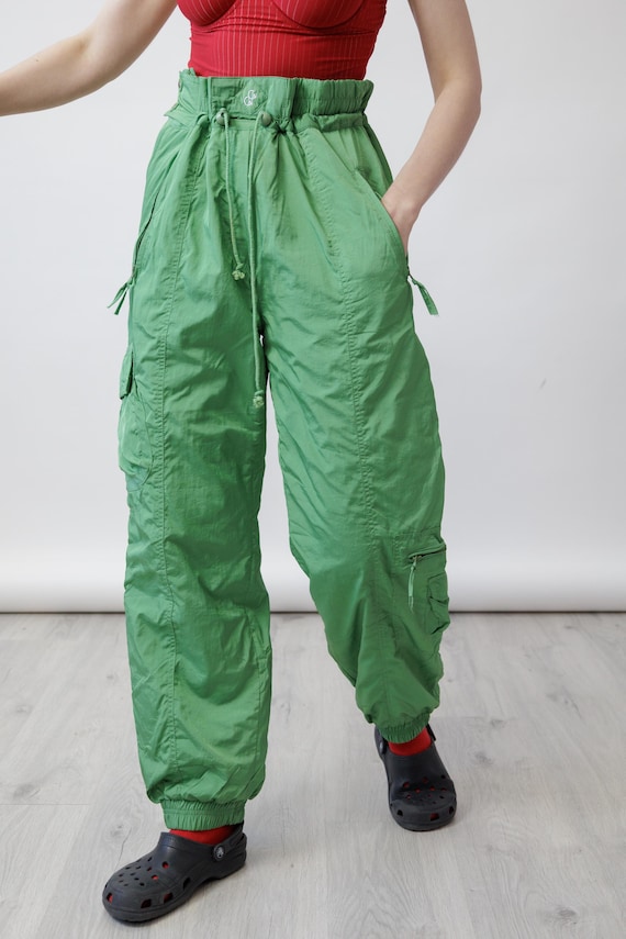 90s Apple Green Paperbag Waist Vintage Ski Pants Cargo Pocket Drawstring Snow Trousers Size L