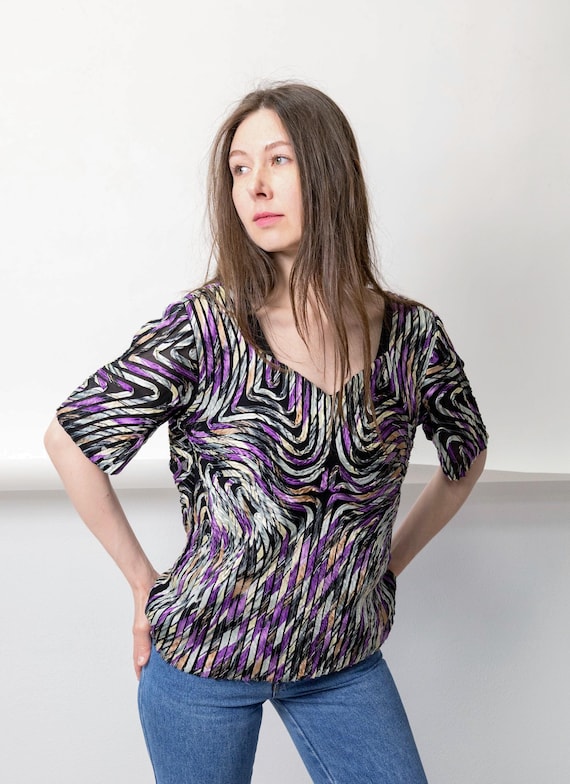 y2k Purple Zebra Swirl Print Blouse Vintage Crinkle Pleat V Neck Top Size M
