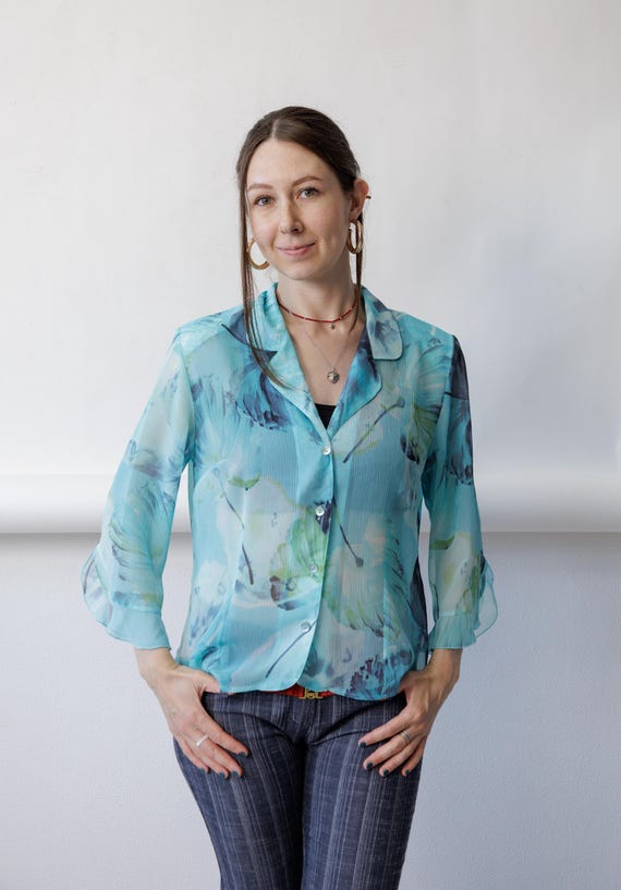 90s Aqua Floral Blouse Vintage Sheer Chiffon Frill Sleeve Long Sleeve Shirt Size M