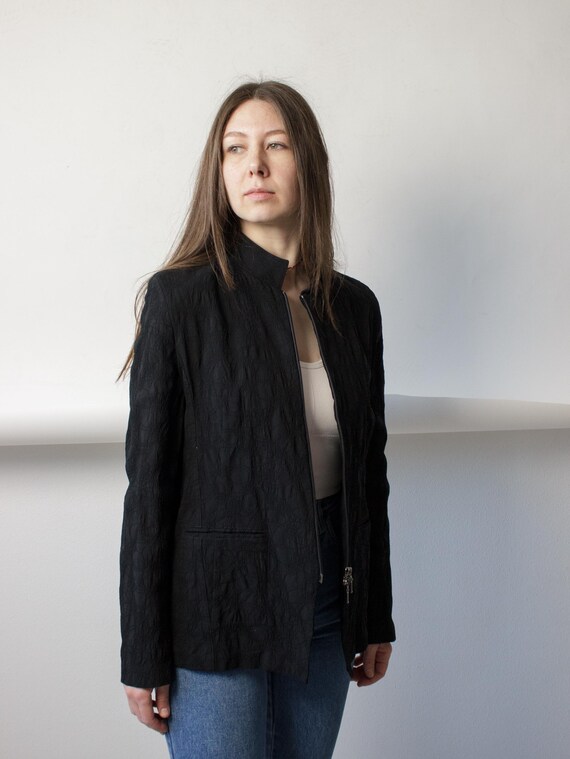 Black Crinkle Texture Jacket 90s Vintage Zip Up Fitted Blazer Size M