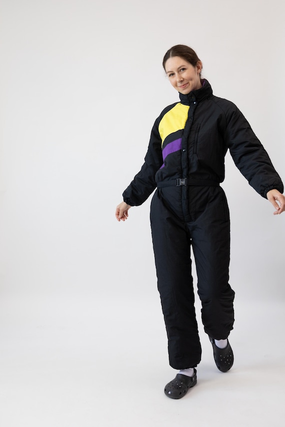 80s Color Block Ski Suit Black Yellow Purple Belted One Piece Snowsuit M