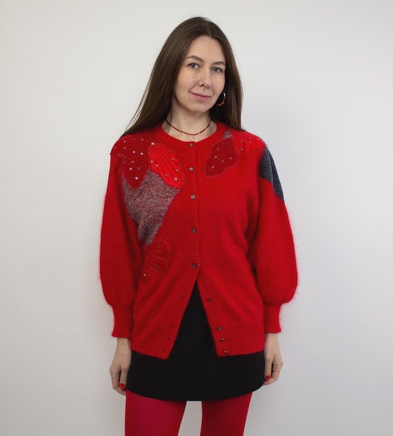 Sequin Beaded Shoulder Red Mohair Knit Cardigan 80s M