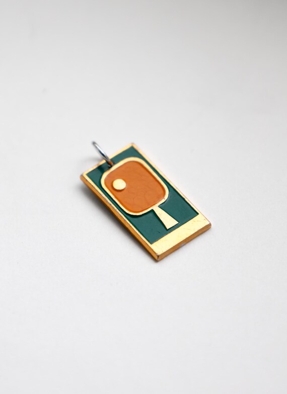 Ping Pong Paddle Enamel Pendant Necklace Mid Century Table Tennis Sports Jewelry Gift