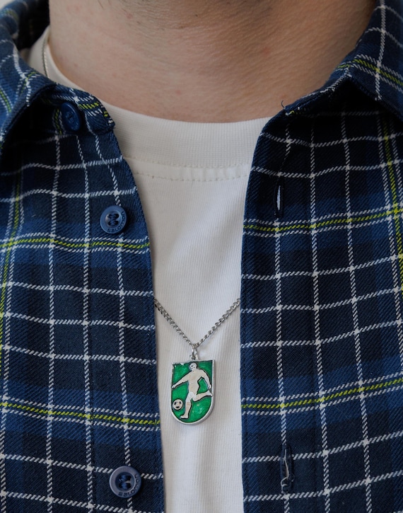 Footballer Pendant Necklace Green Enamel Reworked Vintage Soccer Player Pin Charm Gift