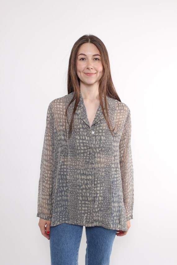 90s grey sheer blouse, vintage abstract print polyester shirt with long sleeves, Size L