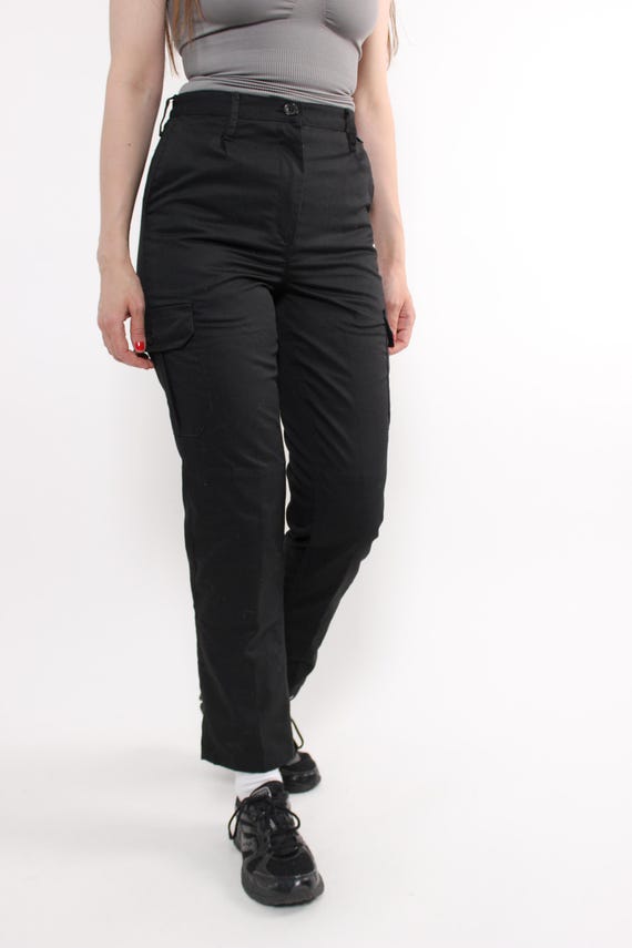 90s Black Cargo Trousers Vintage High Waist Utility Tapered Pants Size S
