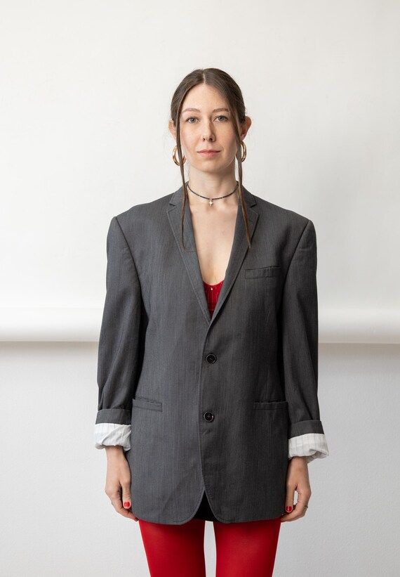 90s Charcoal Grey Oversized Blazer Vintage Menswear Boyfriend Notch Lapel Jacket Size L