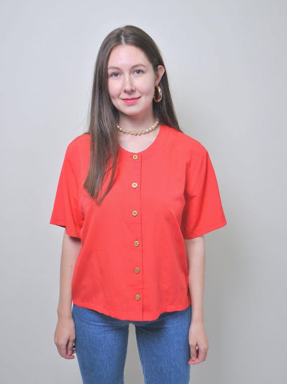 Vintage 90s Tomato Red Blouse, Gold Button Collarless Top, Boxy Fit, Size L