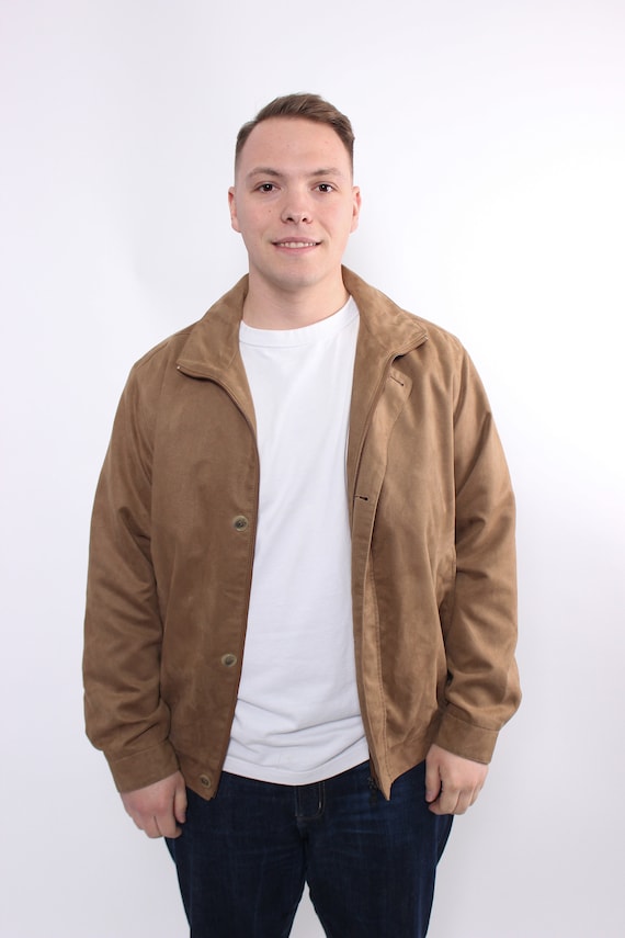 90s Camel Faux Suede Jacket Vintage Harrington Collar Button Front Minimalist Mens Size L